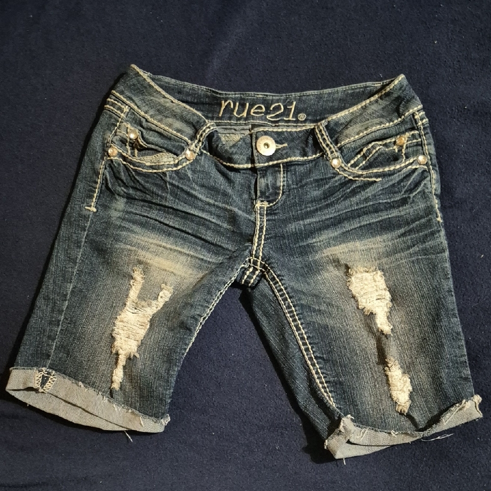 Rue21 Women's Distressed Jean Shorts - Dark Blue